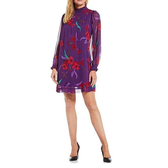 Calvin Klein Purple Red Floral Long Balloon Sleeve Mock Trapeze Above Knee Dress - Picture 1 of 12